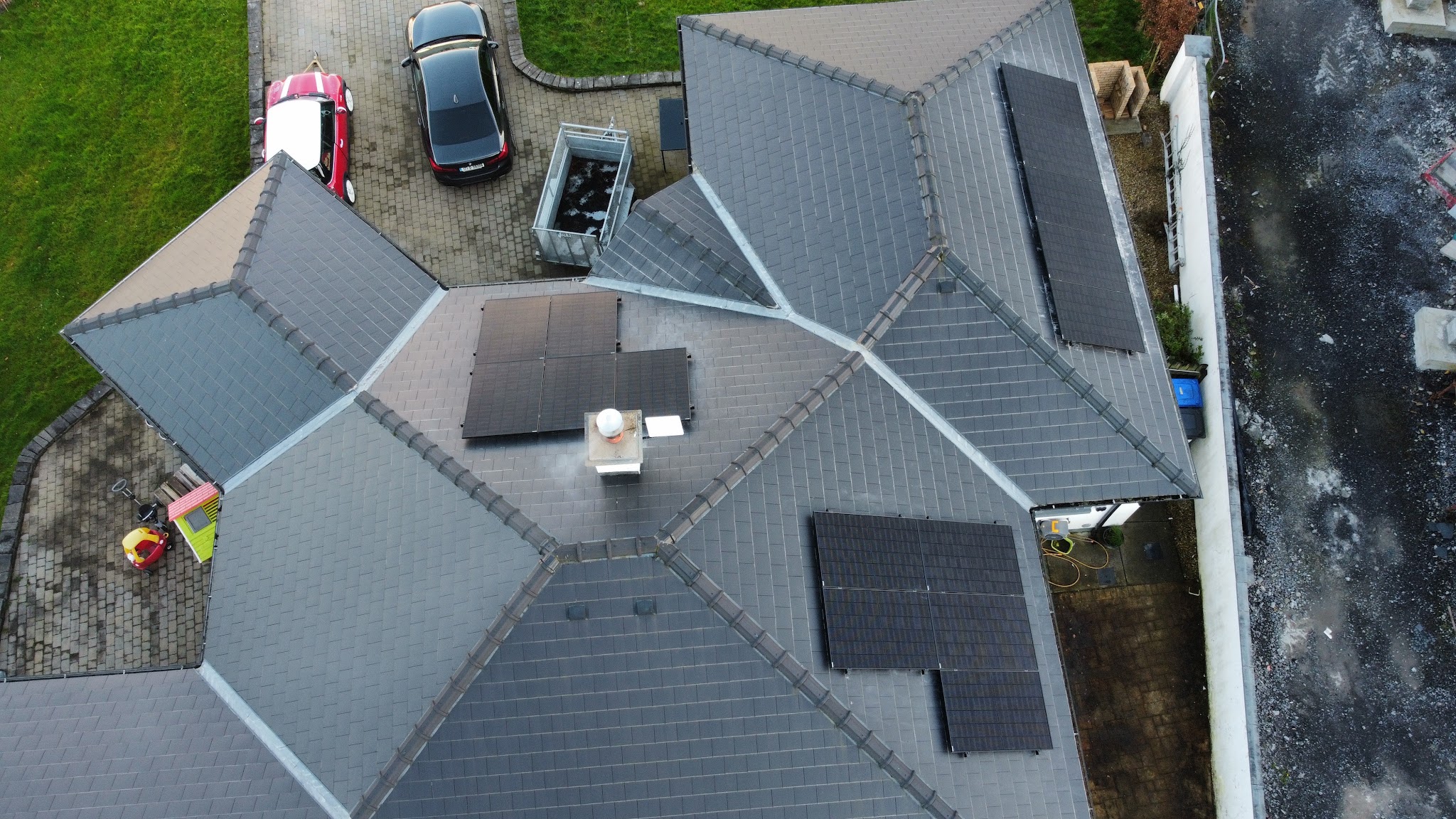 Solar panels on a roof, seen from above